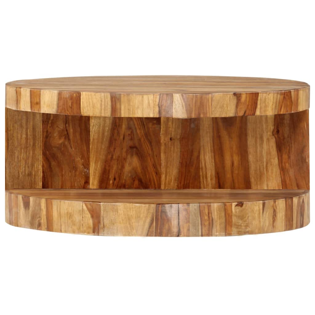 Solid Sheesham Wood Round Coffee Table with Built-in Shelf O8095