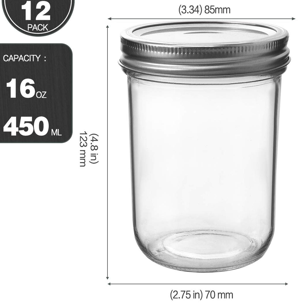 16oz Wide Mouth Mason Jars, 12 Pack with Lids & Bands L183507