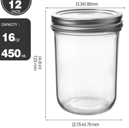 16oz Wide Mouth Mason Jars, 12 Pack with Lids & Bands L183507