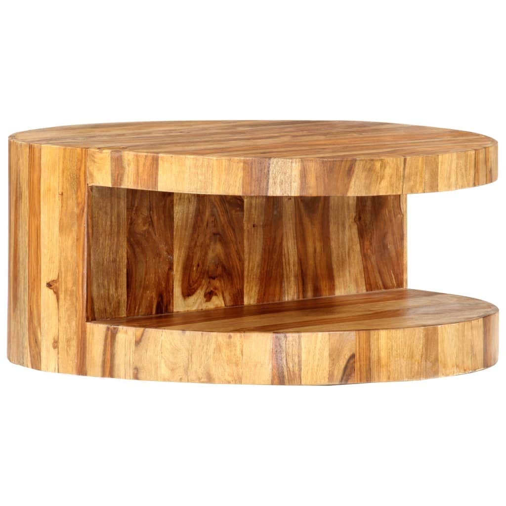 Solid Sheesham Wood Round Coffee Table with Built-in Shelf O8095
