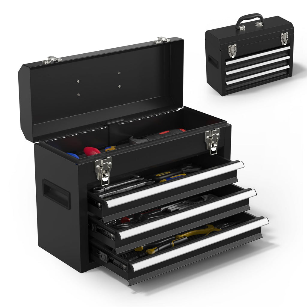 Black 3 Drawer Lockable Metal Tool Box O996