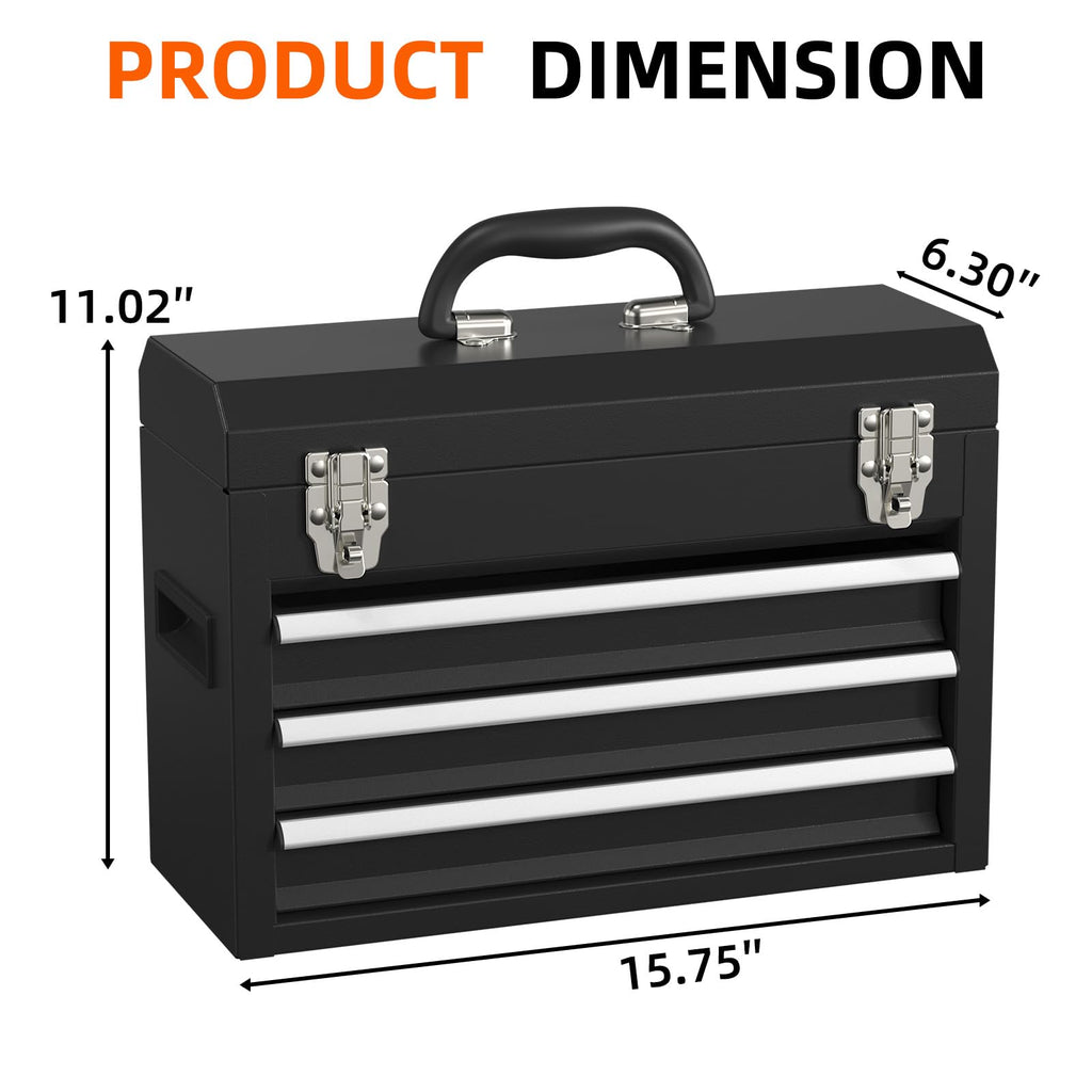 Black 3 Drawer Lockable Metal Tool Box O996