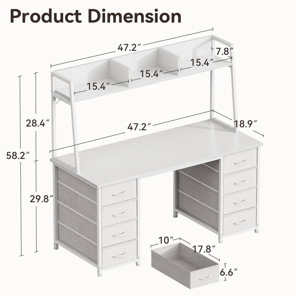 48 Inch White Computer Desk with Hutch and 8 Drawers S47985