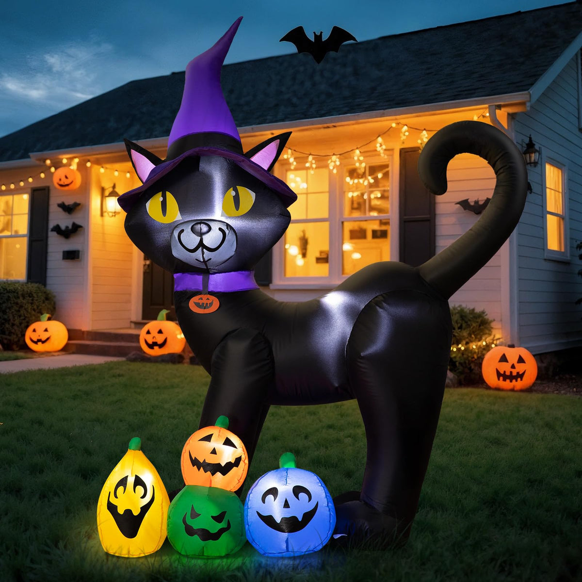6FT Inflatable Black Cat with Witch Hat and 4 Pumpkins X8881