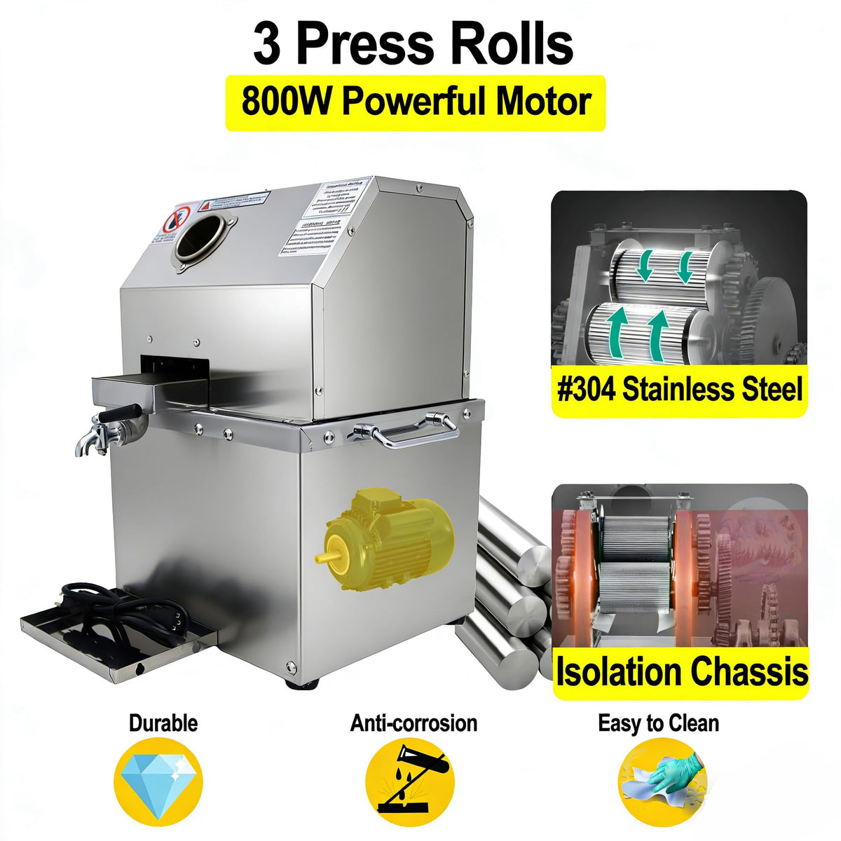 110V 800W Stainless Steel Electric Sugar Cane Juicer Machine K586798