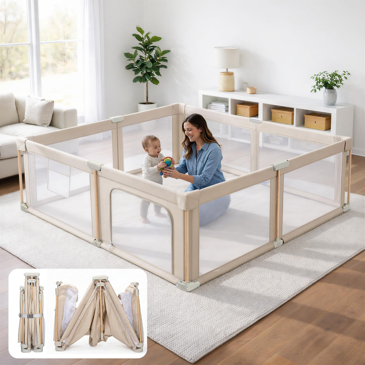 Foldable Baby Playpen with Mat, Mesh and Storage Bag R338