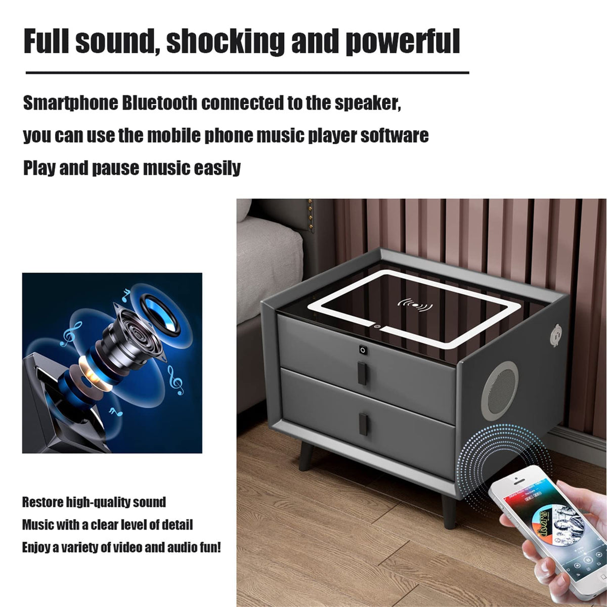 White Nightstand with Charging Station and Bluetooth Speaker B167872