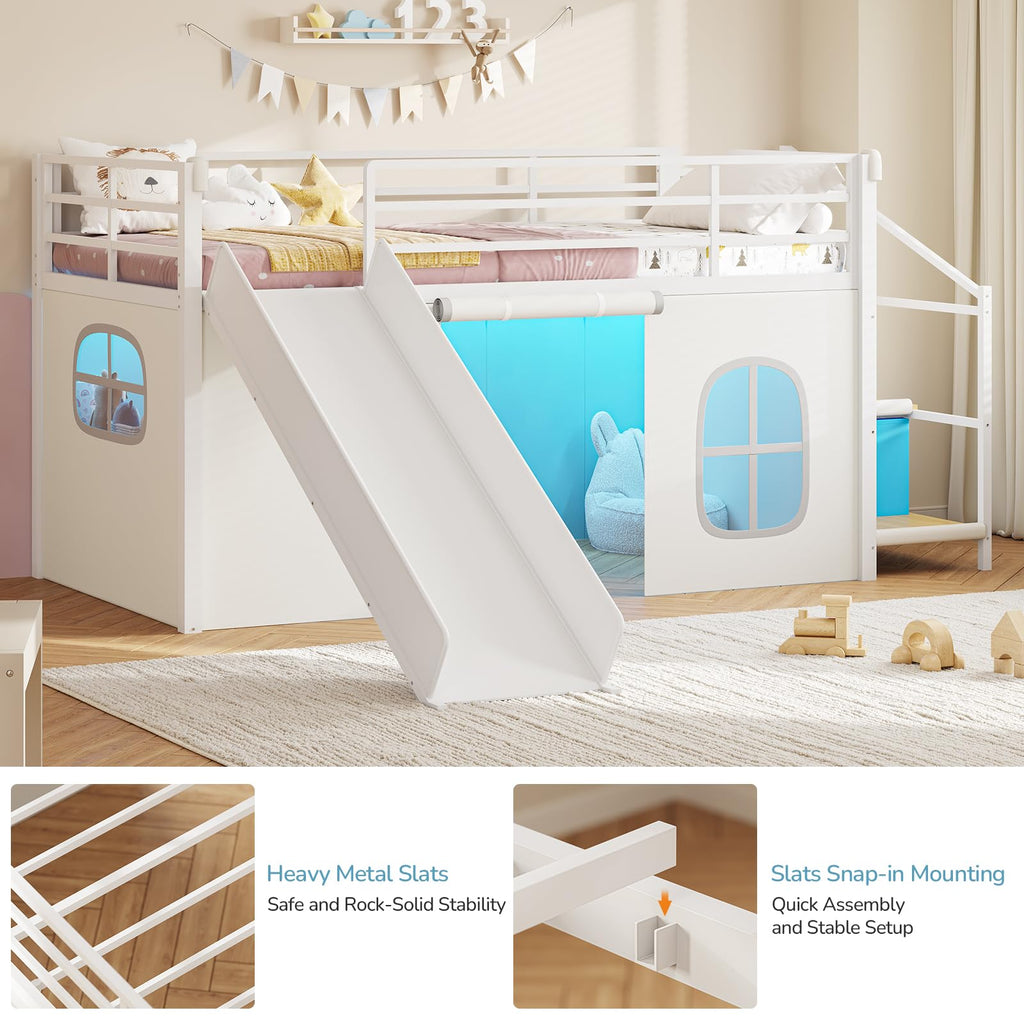 White Twin Low Loft Bed with Slide Staircase Storage Drawers Desk J387687