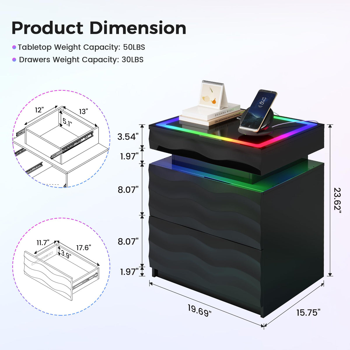 LED Night Stand Set 2 with Charging Station B51674