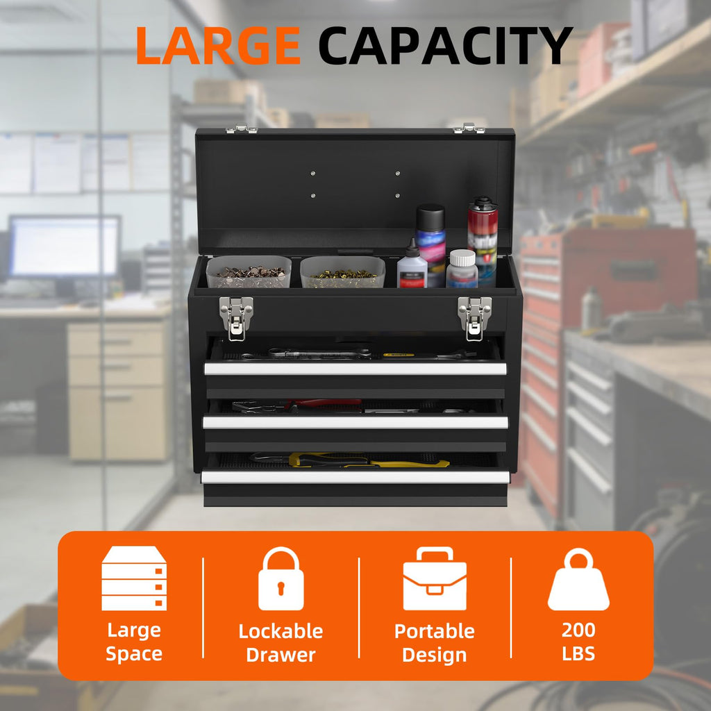 Black 3 Drawer Lockable Metal Tool Box O996