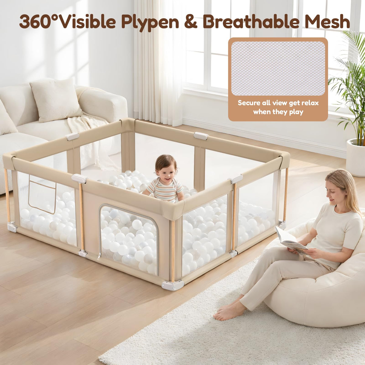 Foldable Baby Playpen with Mat, Mesh and Storage Bag R338