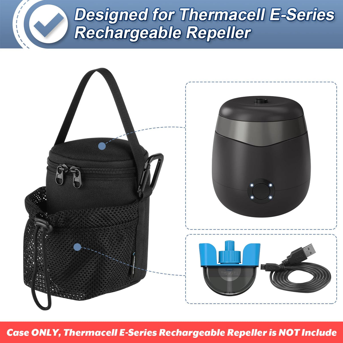 Portable Mosquito Repeller Storage Case with Metal Carabiner and Refill Pocket, Black K9834