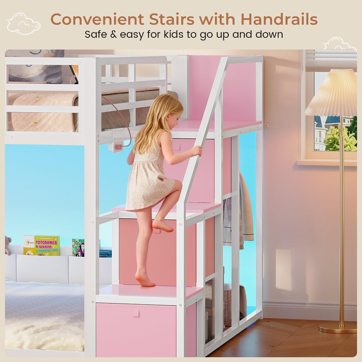 Full Over Full Bunk Bed with Storage Stairs and Drawers, White & Pink H54953