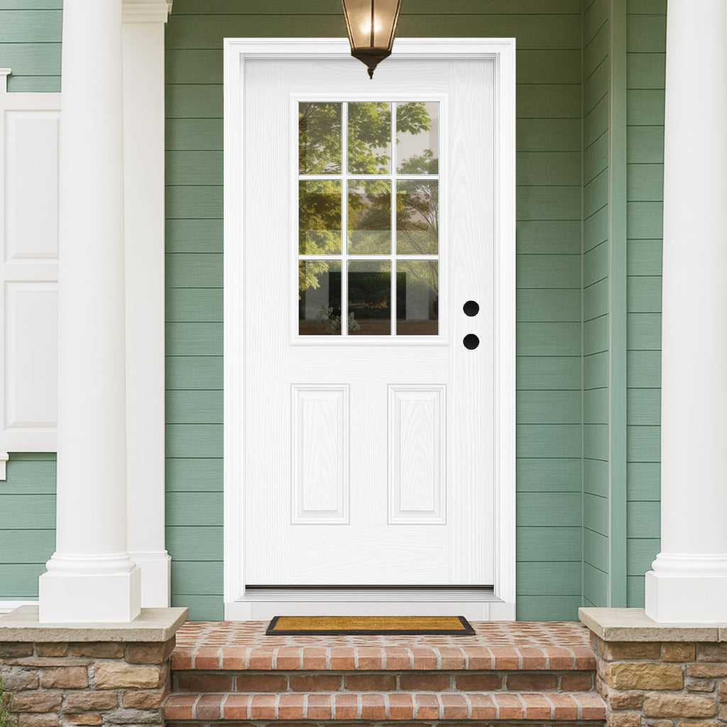 Fiberglass Exterior Door with Brickmould, 36 x 80 Left Hand Inswing 9 Lite Glass Q279683