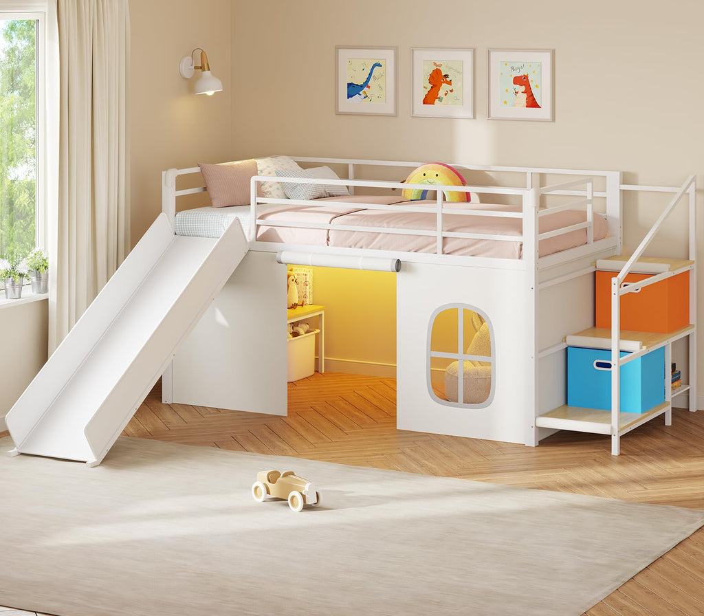 White Twin Low Loft Bed with Slide Staircase Storage Drawers Desk J387687