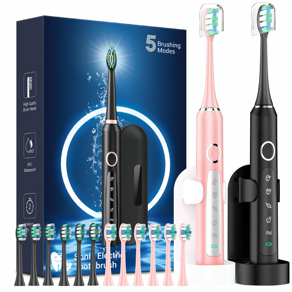 2 Pack Rechargeable Electric Toothbrush with 12 Brush Heads & 2 Travel Case A5125