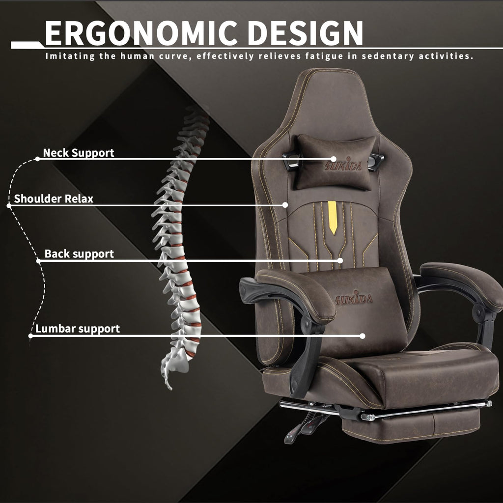 Brown Ergonomic Gaming Chair with Footrest and Massage Lumbar Cushion I64436