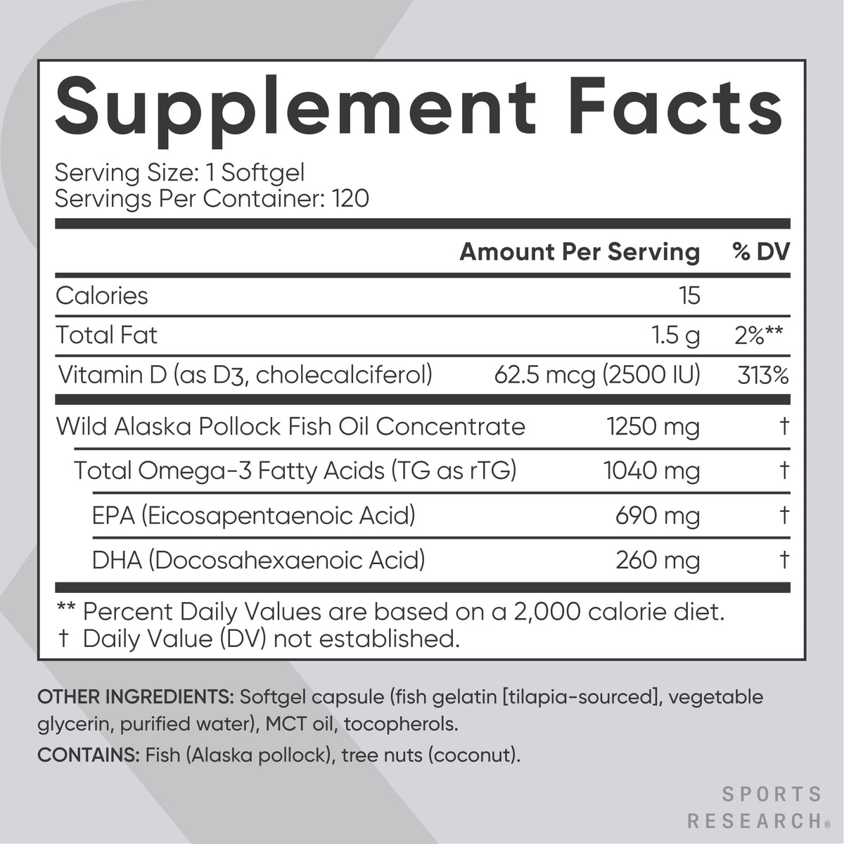 Omega-3 Fish Oil 1250mg + D3 2500iu, 120 Count J142