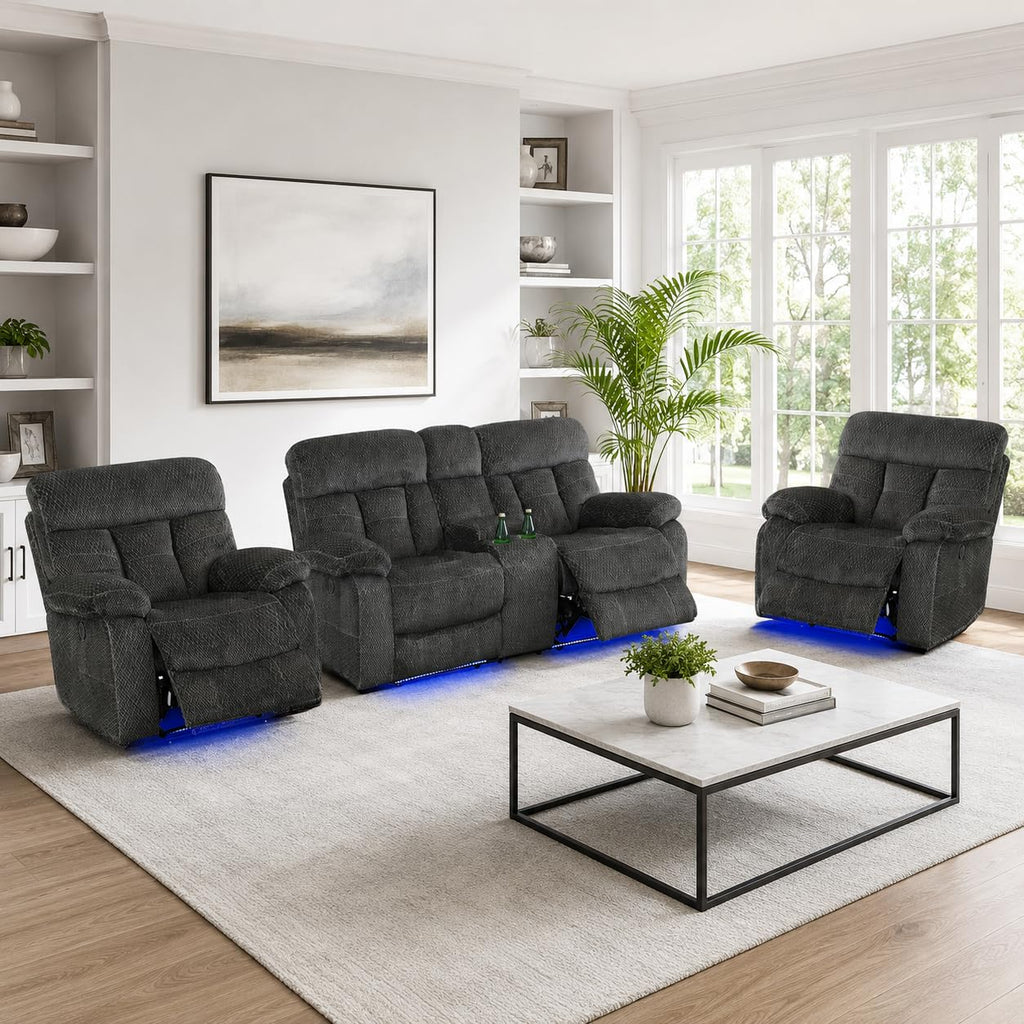 Gray Wool 3 Piece Power Reclining Sofa Set with USB Ports and LED Lights N159