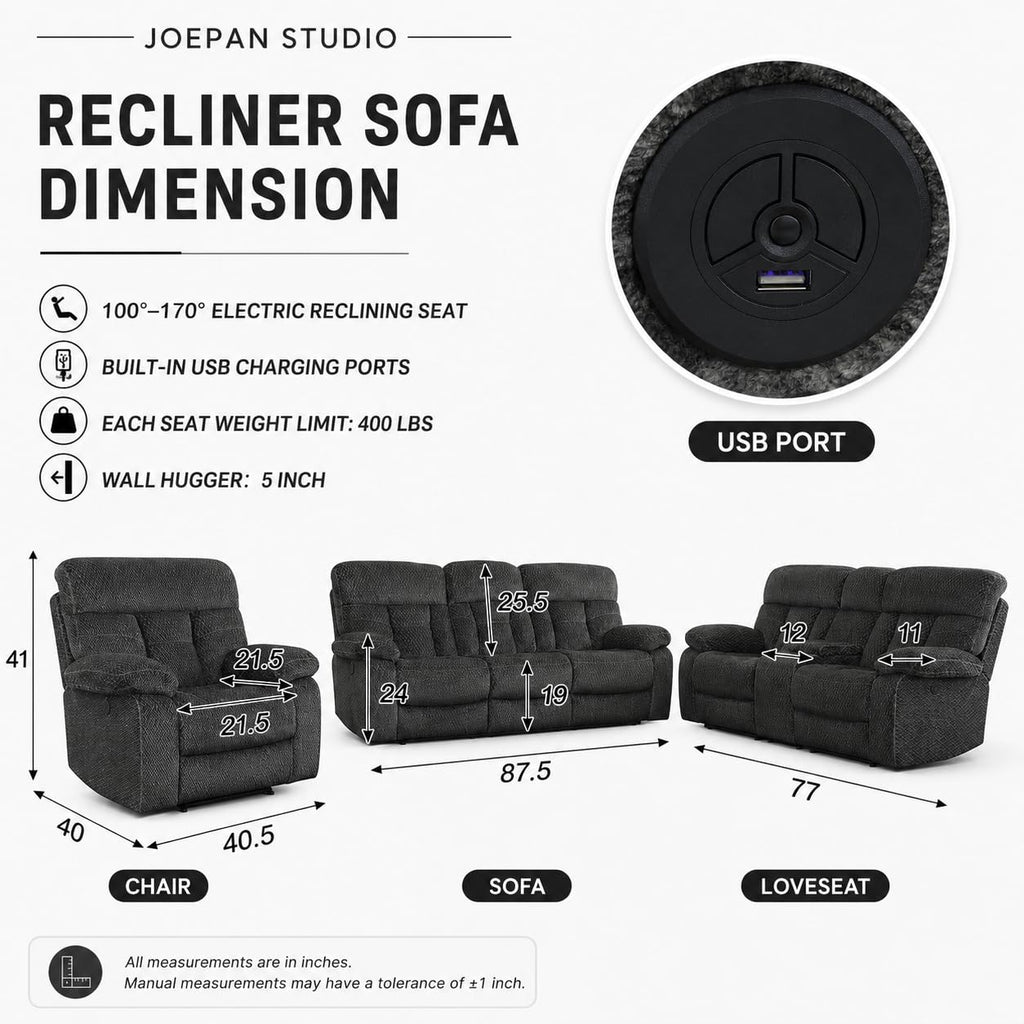 Gray Wool 3 Piece Power Reclining Sofa Set with USB Ports and LED Lights N159