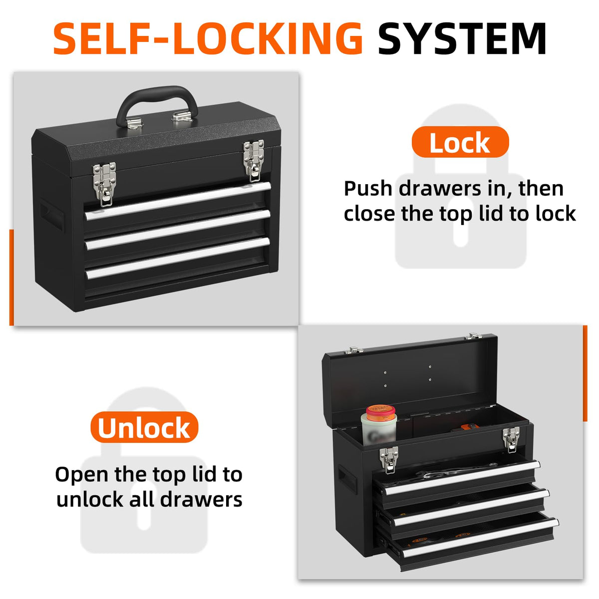 Black 3 Drawer Lockable Metal Tool Box O996