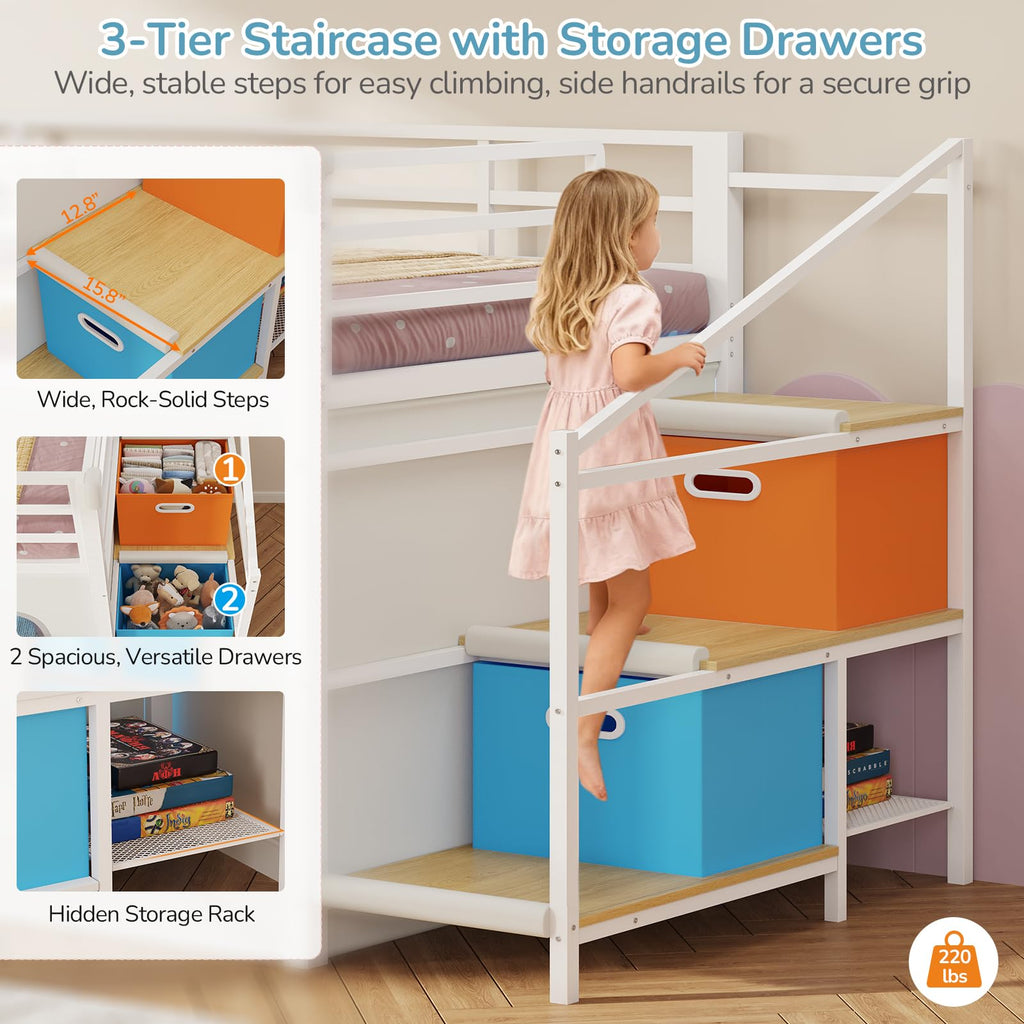 White Twin Low Loft Bed with Slide Staircase Storage Drawers Desk J387687