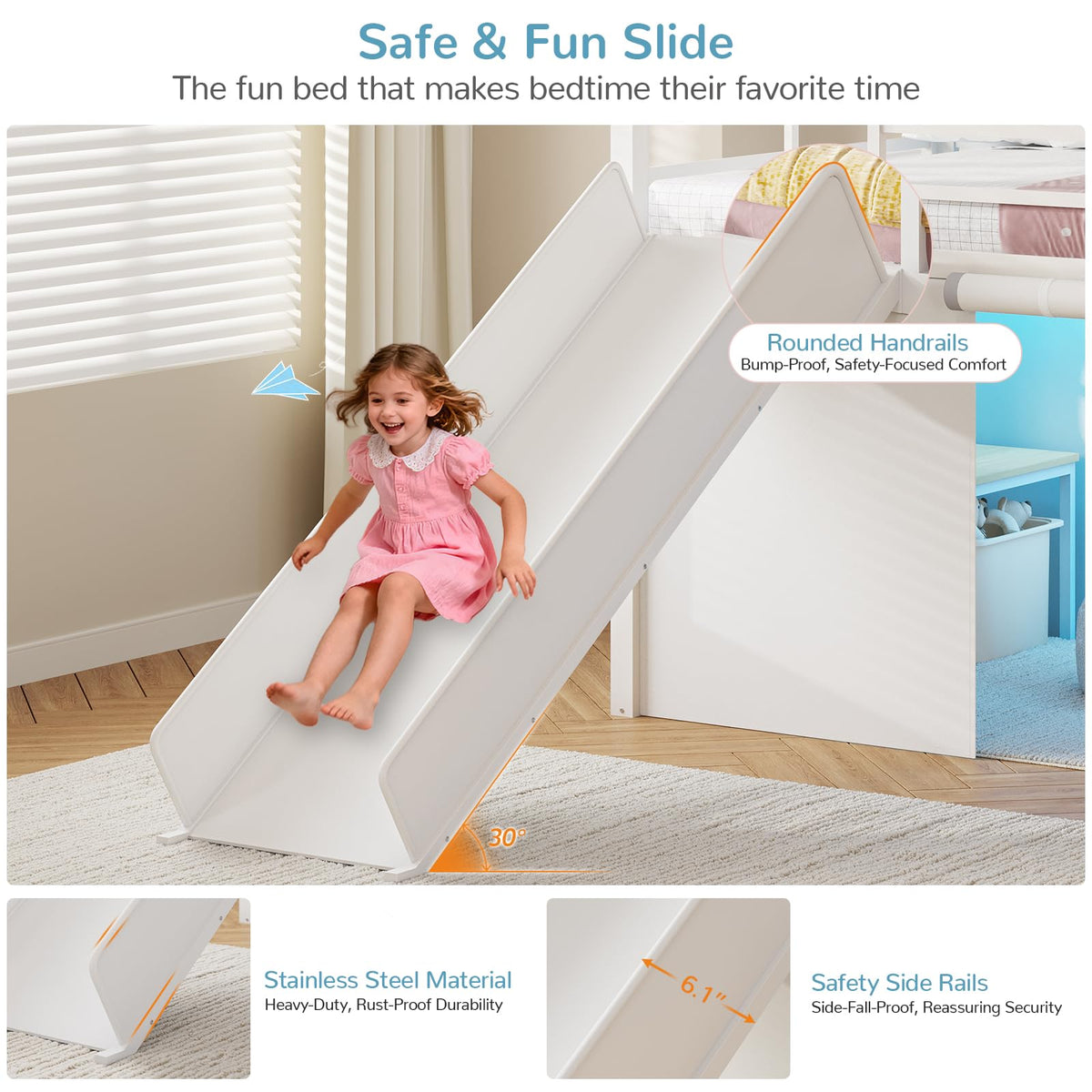 White Twin Low Loft Bed with Slide Staircase Storage Drawers Desk J387687