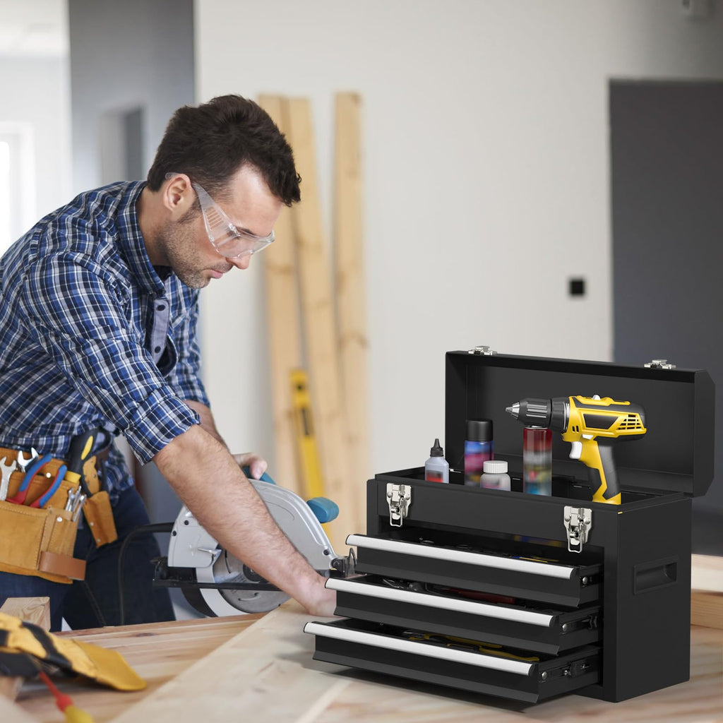 Black 3 Drawer Lockable Metal Tool Box O996