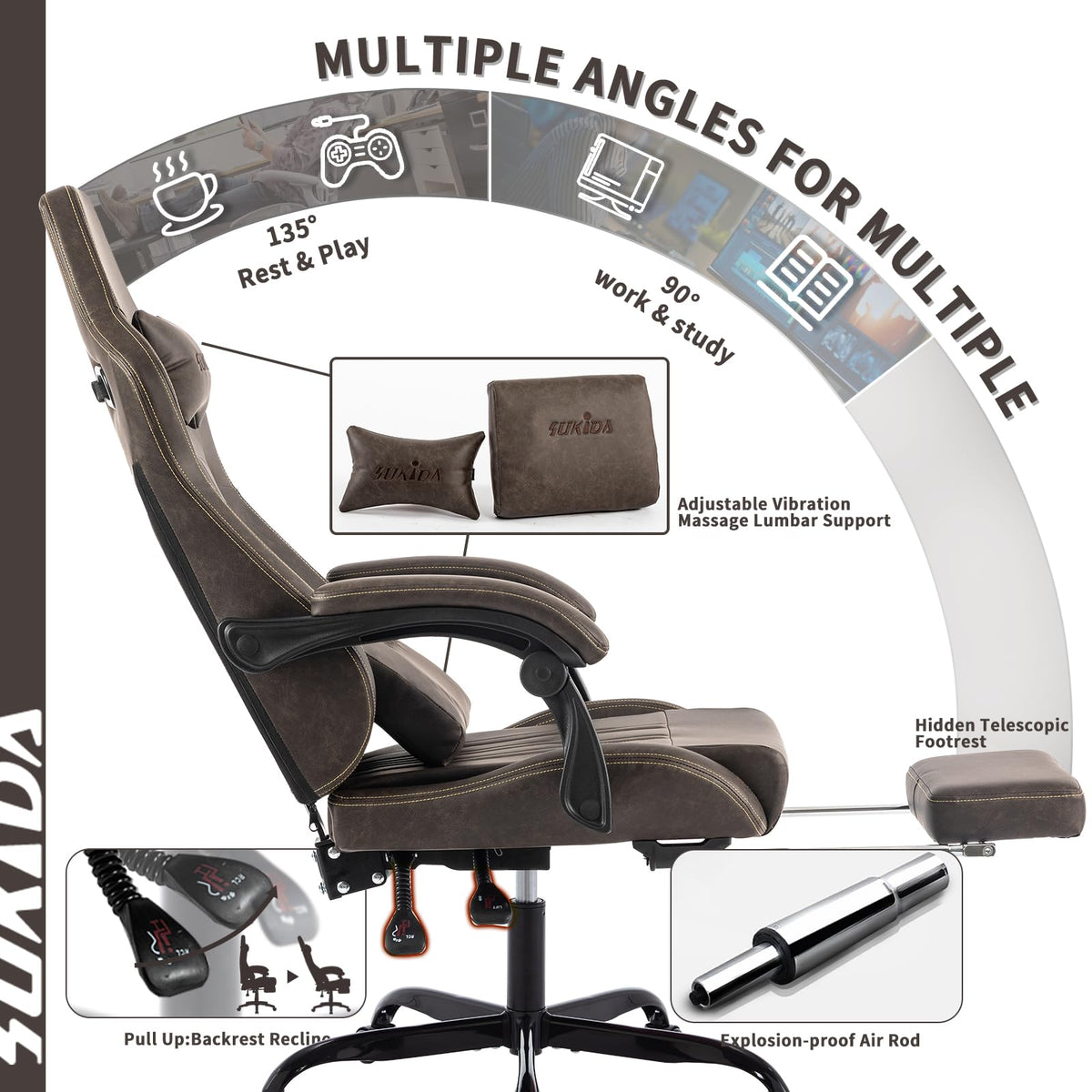 Brown Ergonomic Gaming Chair with Footrest and Massage Lumbar Cushion I64436