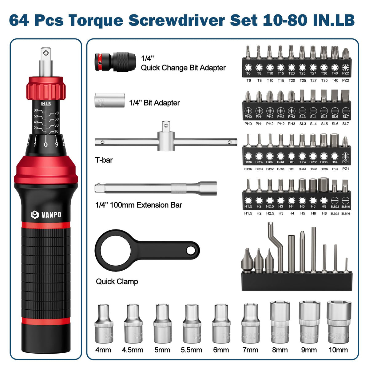 Torque Screwdriver, 10–80 in-lb, 64 Pieces G555365