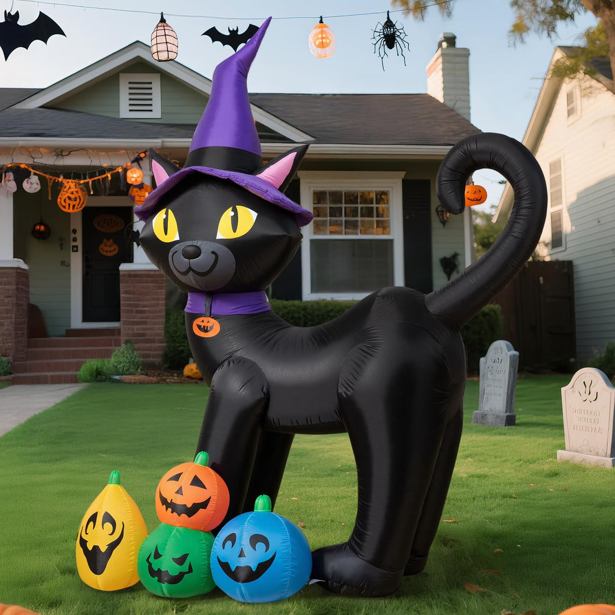 6FT Inflatable Black Cat with Witch Hat and 4 Pumpkins X8881