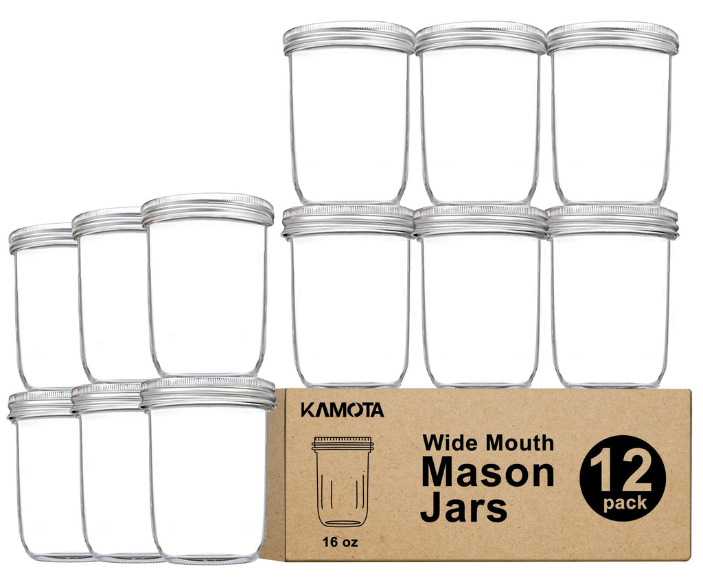 16oz Wide Mouth Mason Jars, 12 Pack with Lids & Bands L183507