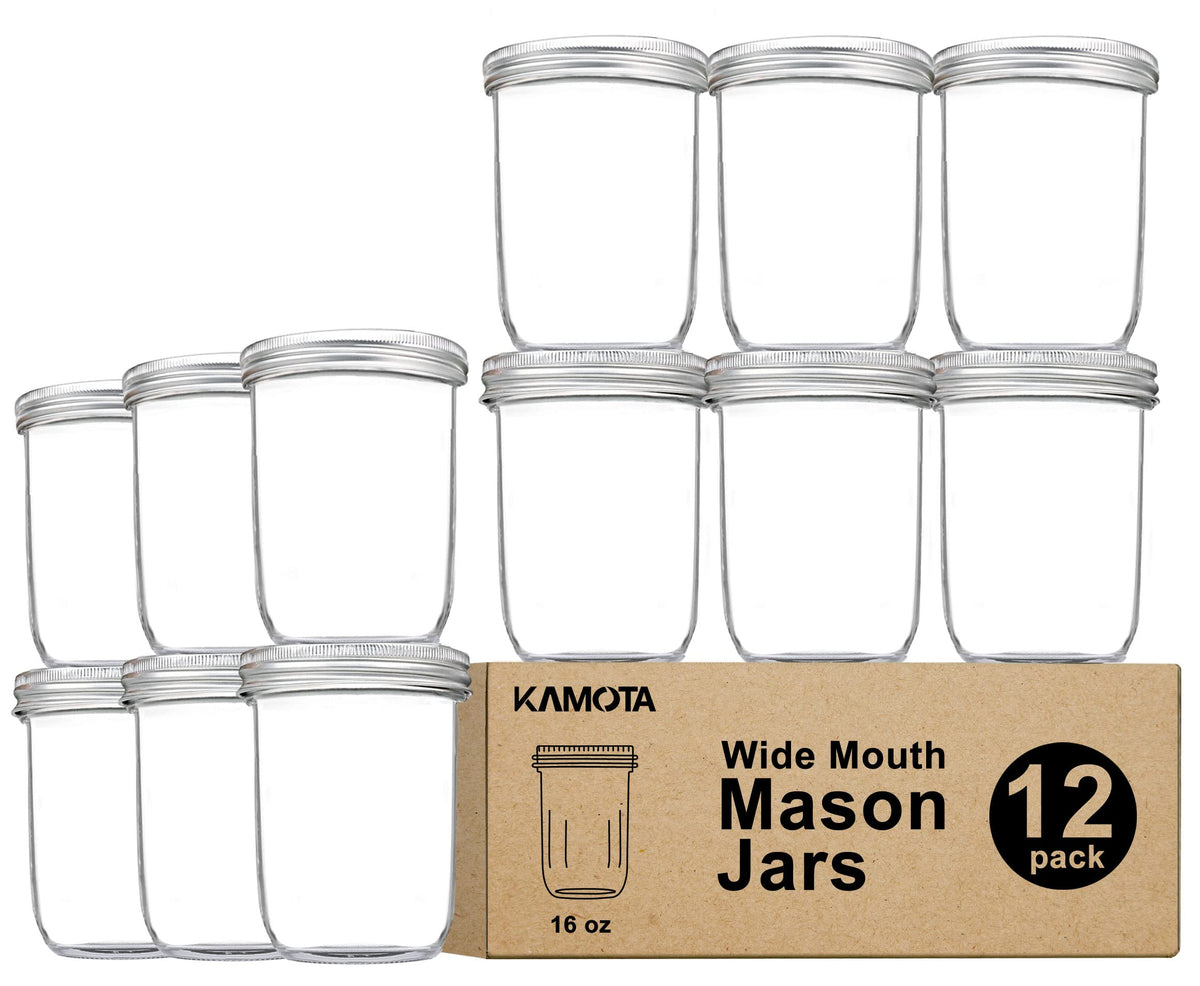 16oz Wide Mouth Mason Jars, 12 Pack with Lids & Bands L183507