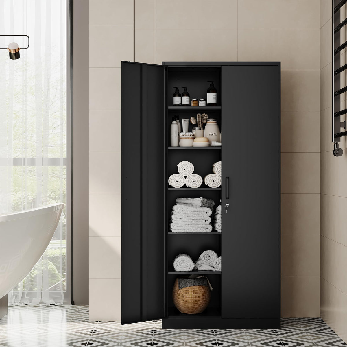 71” Tall Black Steel Storage Cabinet with Lockable Doors and Adjustable Shelves B52744