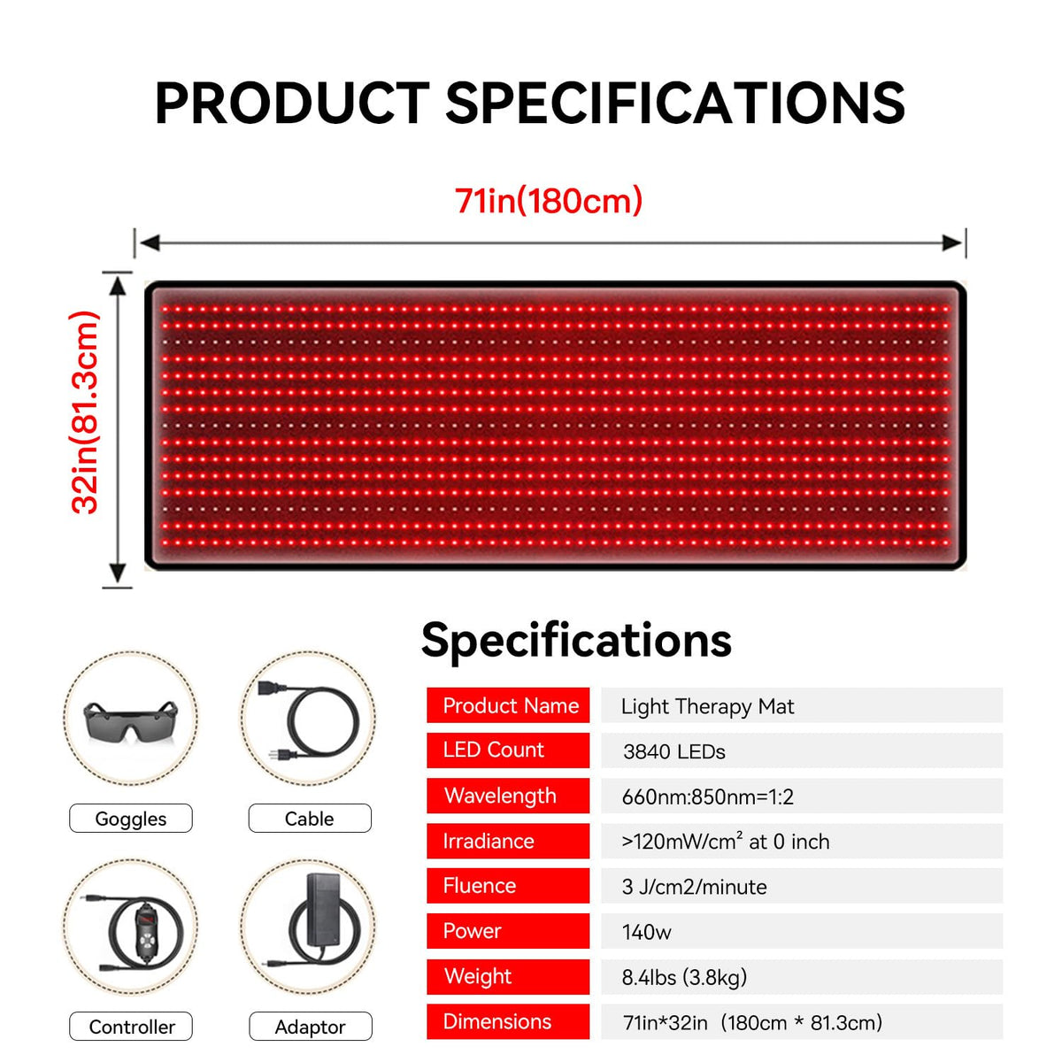 Red Light Therapy Mat 3840pcs LED 660nm 850nm 71''x 32'' O4321
