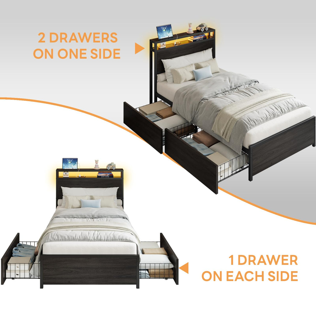 Twin Bed Frame with Storage Drawers and LED Light H3467