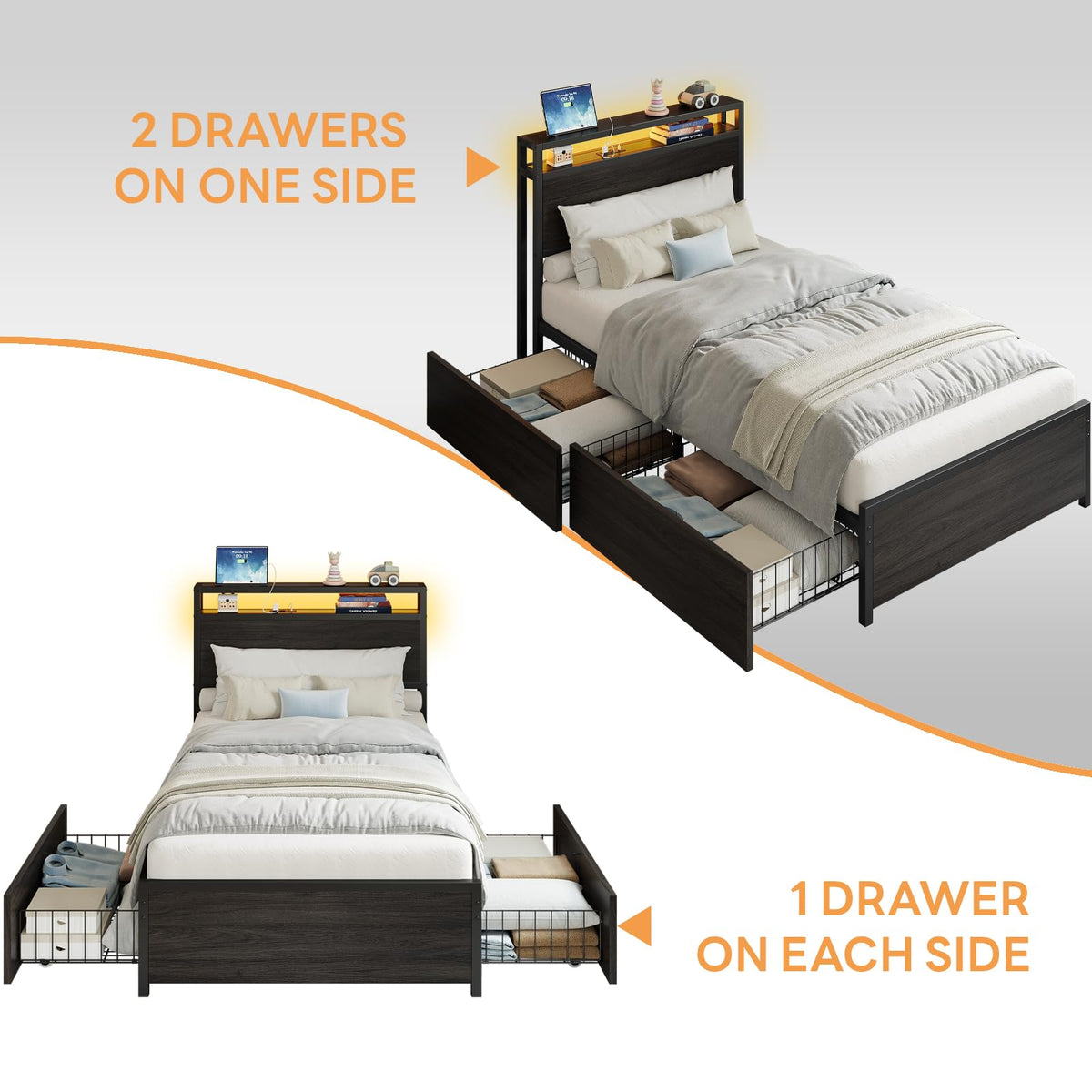 Twin Bed Frame with Storage Drawers and LED Light H3467