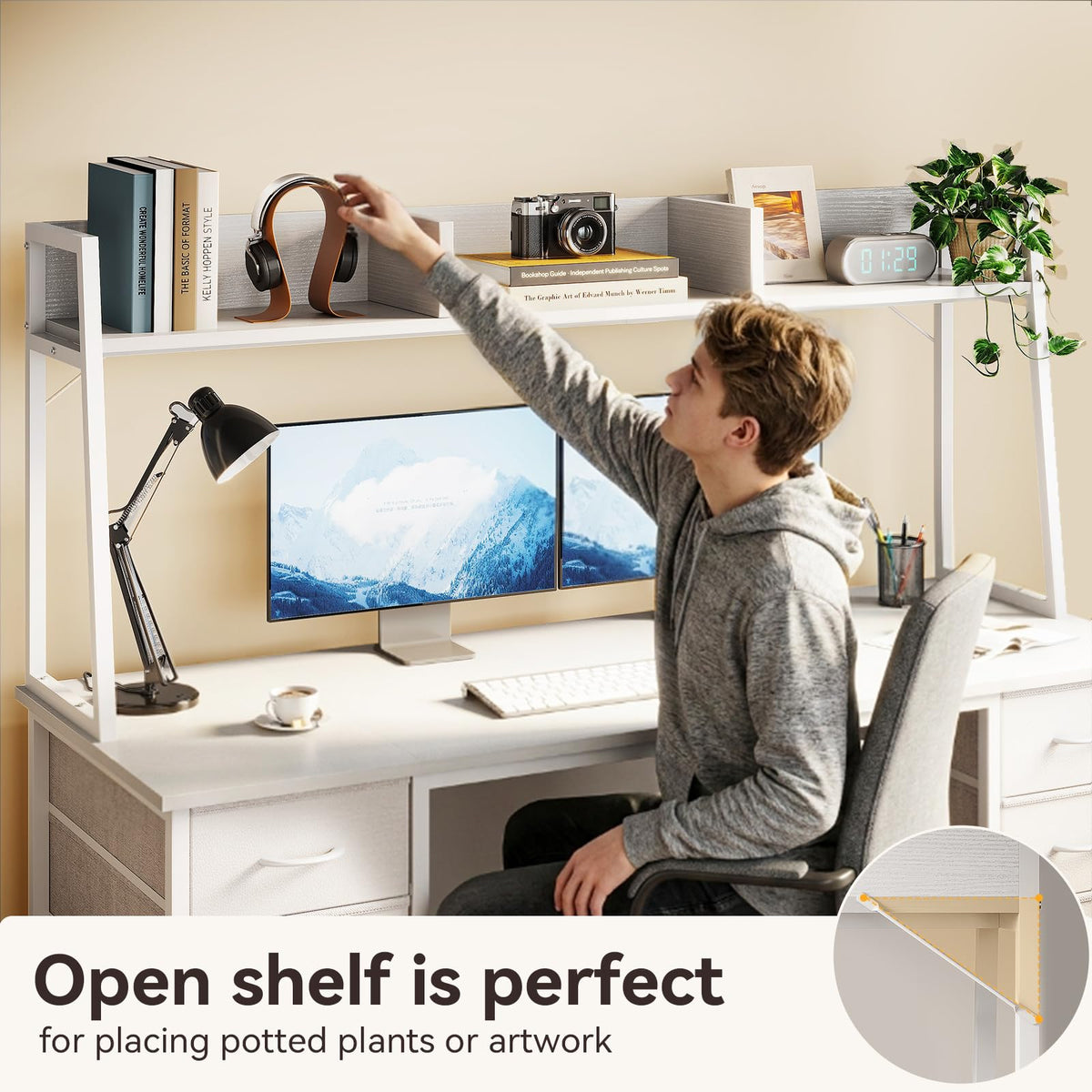 48 Inch White Computer Desk with Hutch and 8 Drawers S47985