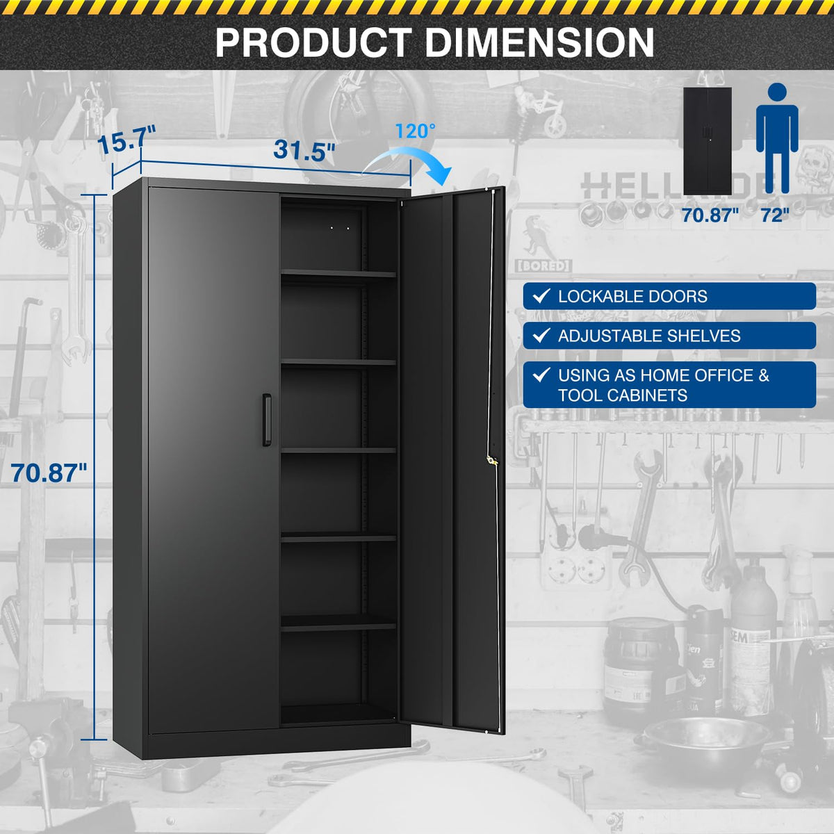 71” Tall Black Steel Storage Cabinet with Lockable Doors and Adjustable Shelves B52744