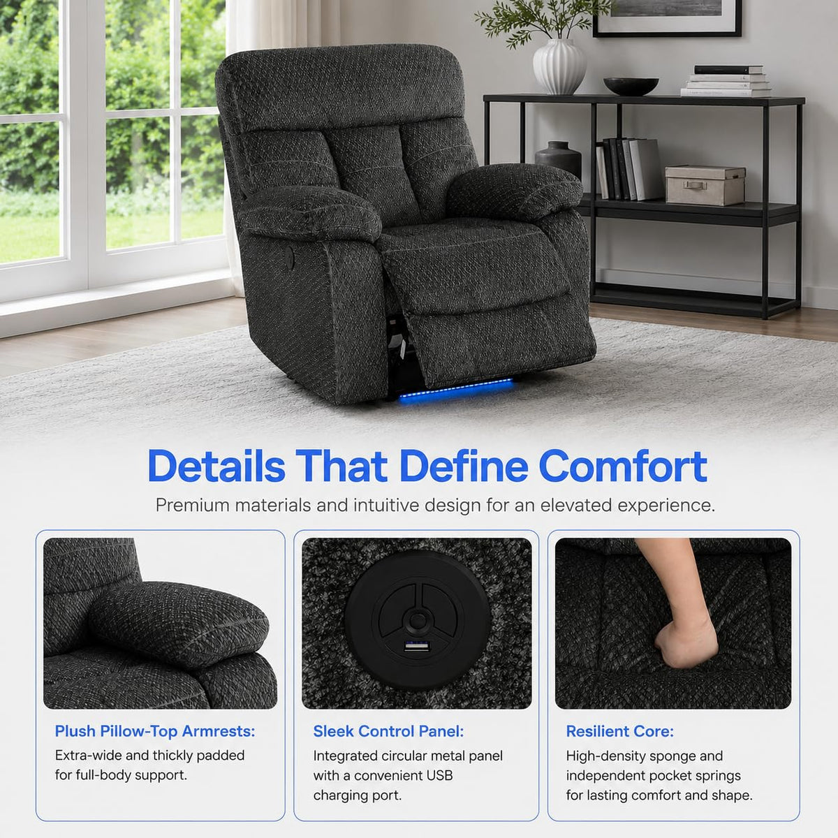 Gray Wool 3 Piece Power Reclining Sofa Set with USB Ports and LED Lights N159