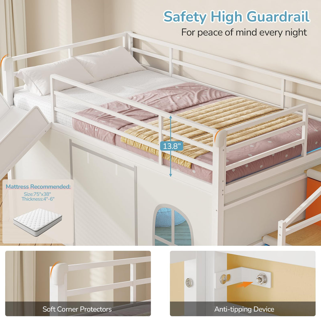 White Twin Low Loft Bed with Slide Staircase Storage Drawers Desk J387687