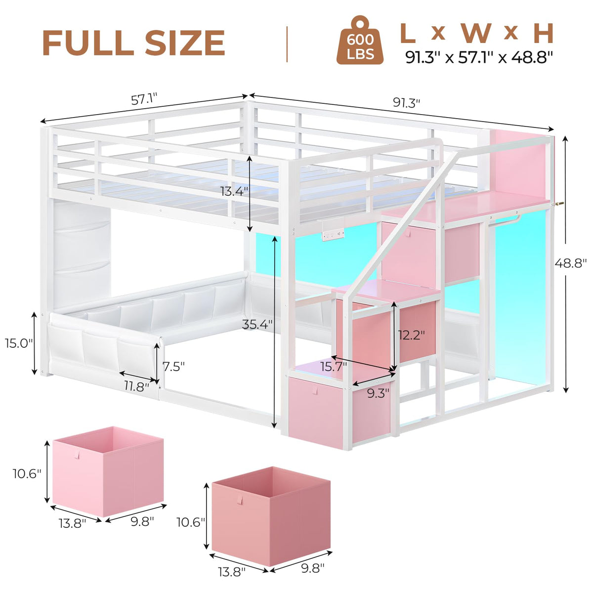 Full Over Full Bunk Bed with Storage Stairs and Drawers, White & Pink H54953