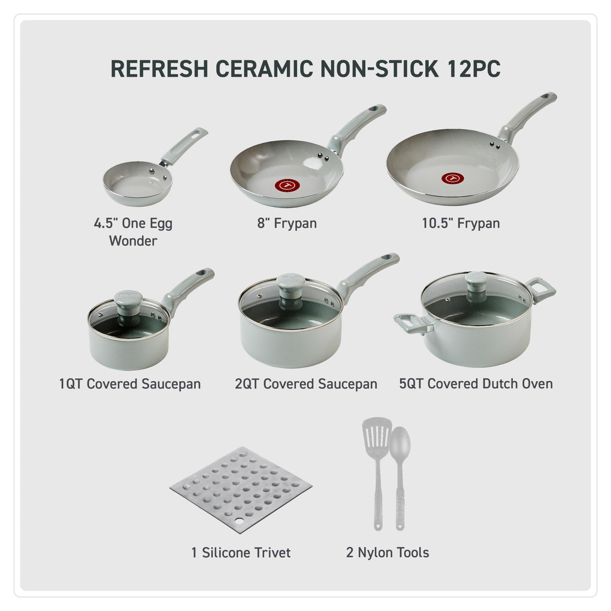 Ceramic Nonstick Pots and Pans Set, 12-Piece, Moon Grey E1917