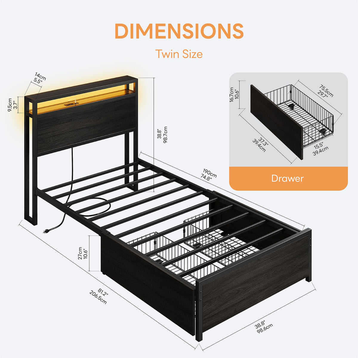 Twin Bed Frame with Storage Drawers and LED Light H3467