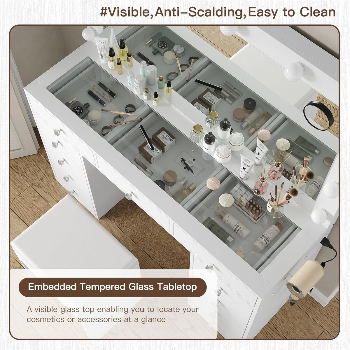 White Vanity Desk with Mirror and Chair T61437