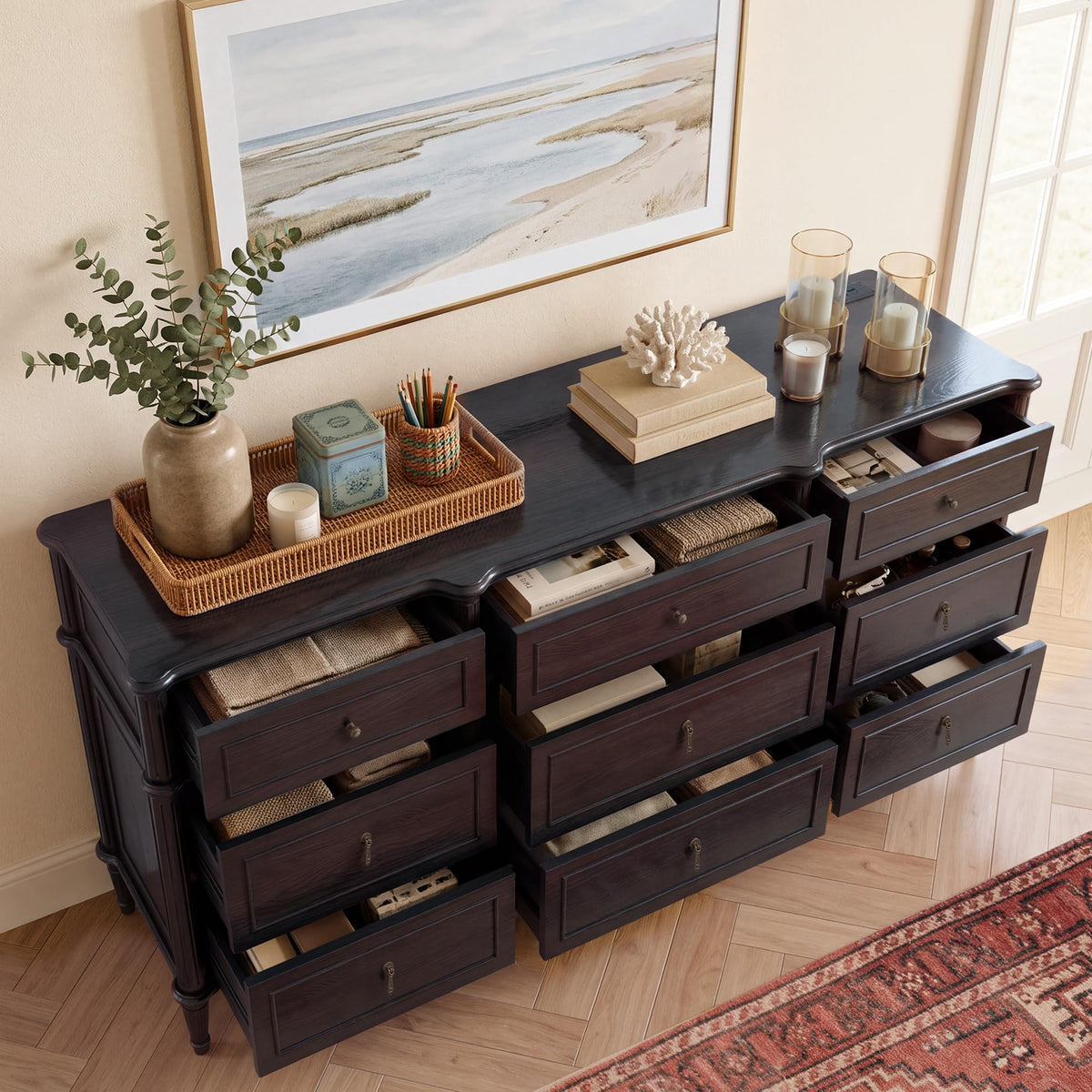 63" 9-Drawer Wood Dresser with Power Outlet, Black U796932