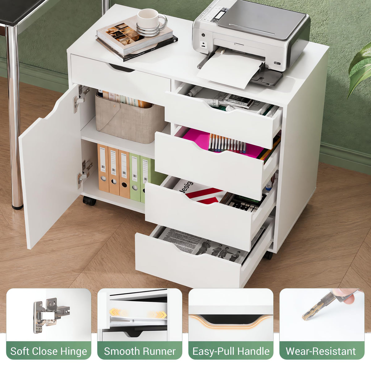 White 5 Drawer Wood Office Cabinet Y21625