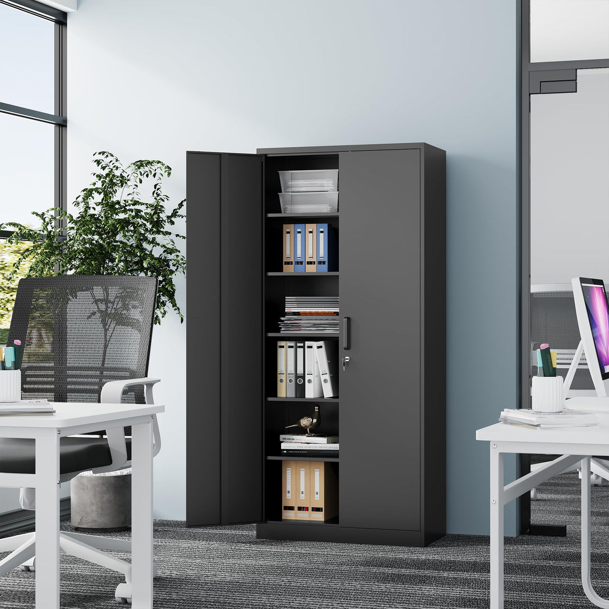 71” Tall Black Steel Storage Cabinet with Lockable Doors and Adjustable Shelves B52744