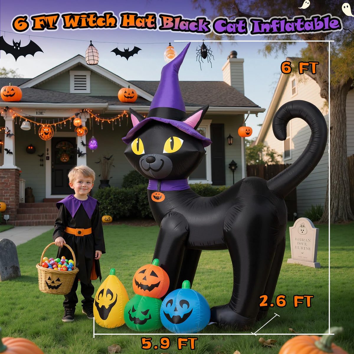 6FT Inflatable Black Cat with Witch Hat and 4 Pumpkins X8881