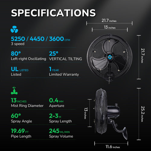 20 Inch Outdoor Wall Mount Fan with Misting Ring Z721